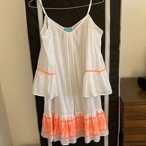 Taj By Sabrina Crippa Coverup Dress in White Cotton with Orange Embroidery.